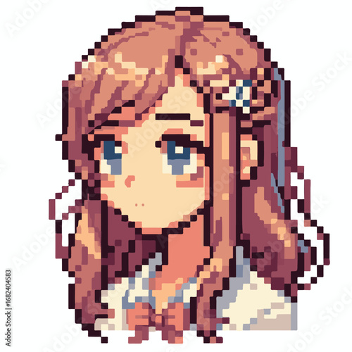Pixel Art Anime Girl Portrait with Blue Eyes in Retro 8-Bit Style