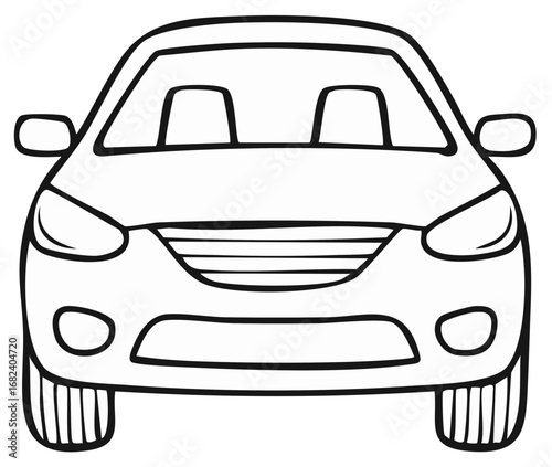 Doodle car, sedan front view outline illustration for kids coloring and drawing