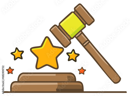 Cartoon Auction Hammer and Stars on Wooden Blocks