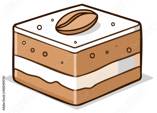 Cartoon square coffee flavored dessert with creamy layers and a single coffee bean on top