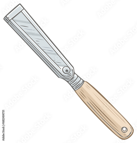 Cartoon Illustration of Bevel Edge Wood Chisel Tool with Wooden Handle