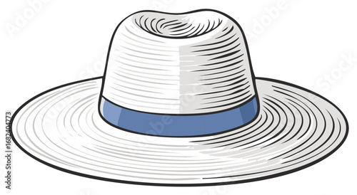 Classic white woven fedora hat with blue band detailed line art illustration