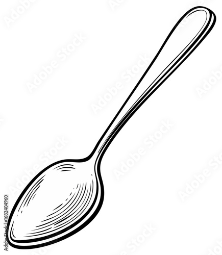 Clean illustrative drawing of a single metal spoon with a smooth handle and oval bowl, isolated on white.