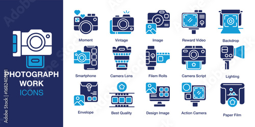 Photograph Work icon set. Containing photographer, work, professional, photo, and more. Solid vector icons collection. Vector illustration.