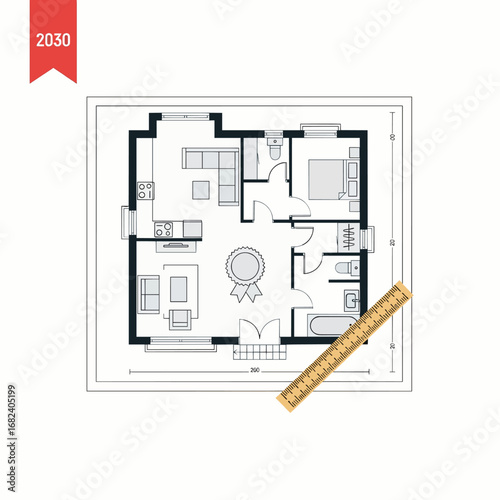 Floor plan blueprint with ruler  Minimal Flat Vector Illustration for real estate, home, construction, templates, and brandless design
