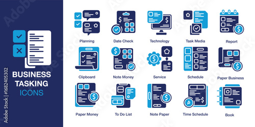 Business Tasking icon set. Containing business, task, management, work, project, and more. Solid vector icons collection. Vector illustration.
