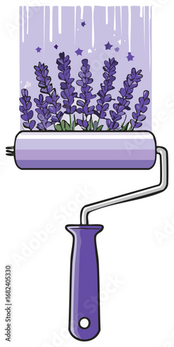 Paint roller applicator creating lavender flower motif on lilac backdrop decorated with purple stars