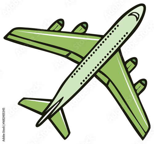 Green passenger airplane illustration for global travel and aviation concepts