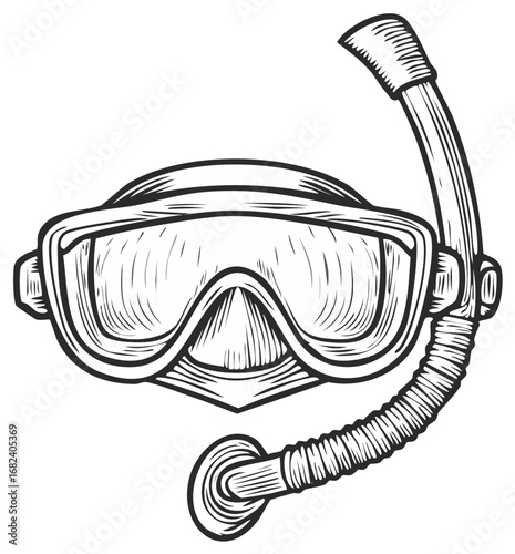Vintage snorkel and diving mask in a hand drawn engraved style
