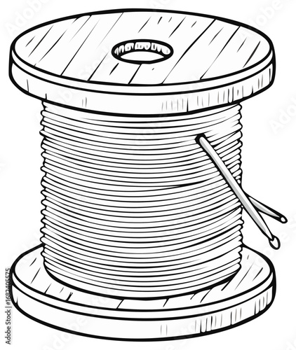 Yarn spool, wooden, with knitting needles, outline drawing style for creative hobby projects
