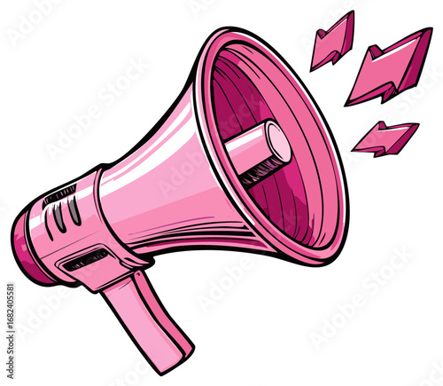 Pink megaphone illustration with sound symbol, graphic design element for announcements.