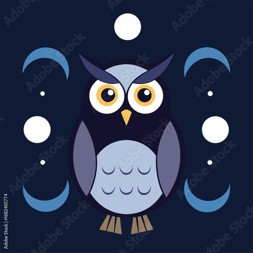 Minimal owl sitting beneath moon phase sequence