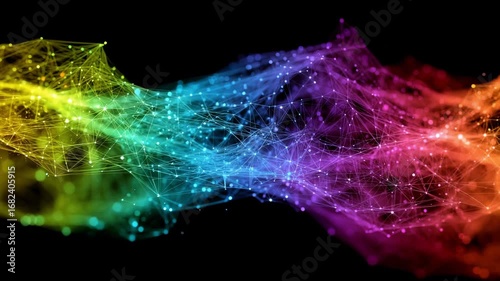 An abstract digital wave glides through a dark background, displaying a blend of vibrant colors, including blue, yellow, and pink. The intricate patterns create a stunning visual experience.