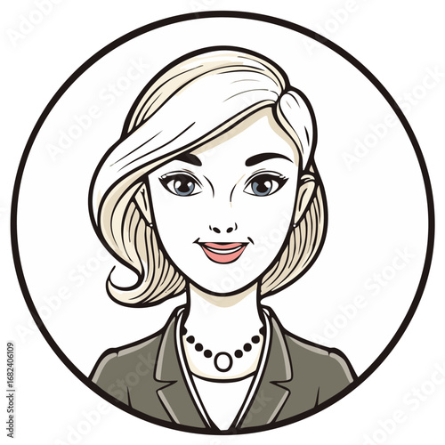 Stylish woman with blonde hair wearing a business suit and necklace depicted in a circular frame, perfect as an avatar or profile image