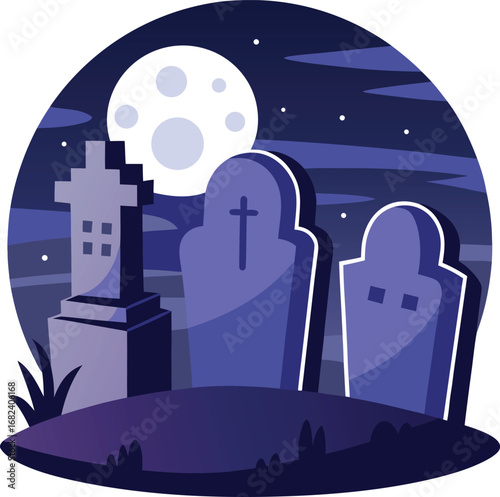 Moonlit graveyard with tilted tombstones