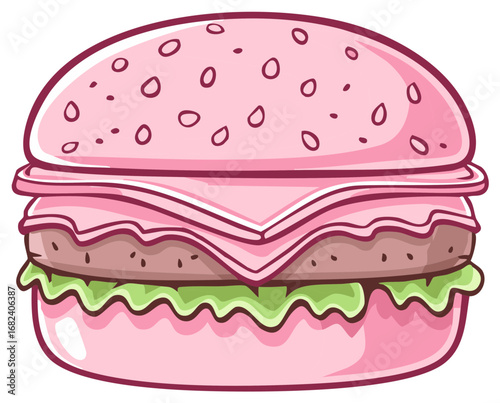 Pink burger cartoon illustration for restaurant design or fun creative concept