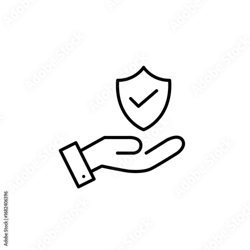 Hand, shield and checkmark. Secure assistance, hands-on protection, reliable help, validated service. Pixel perfect, editable stroke vector icon