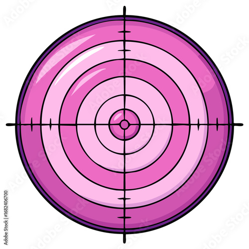 Shiny pink and purple cartoon target with bullseye and crosshairs for aiming