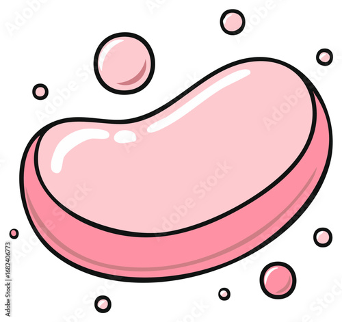 Illustrated pink bar of soap surrounded by floating cartoon bubbles in a minimalist style