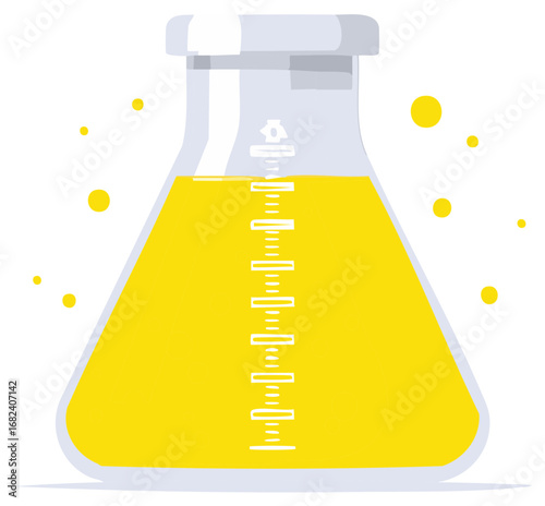 Flask with yellow liquid and bubbles in a scientific laboratory
