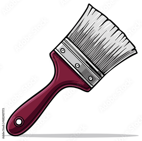 Handheld painting brush with a deep red handle and stiff gray bristles for home improvement