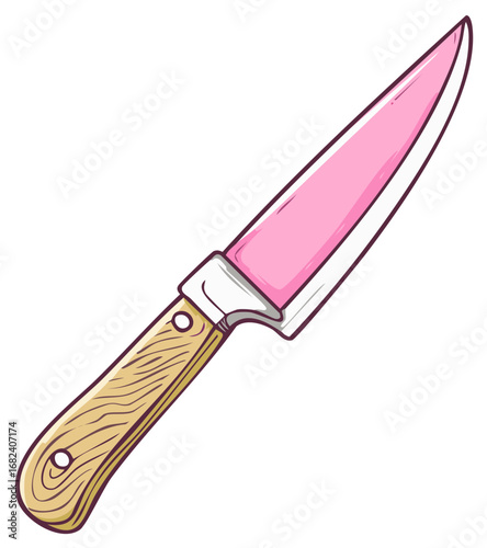 Hand Drawn Chef Knife with Pink Blade and Wooden Handle Illustration