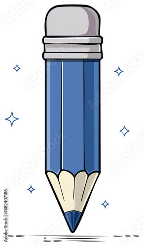 Vector illustration of a blue pencil with an eraser surrounded by magical sparkles