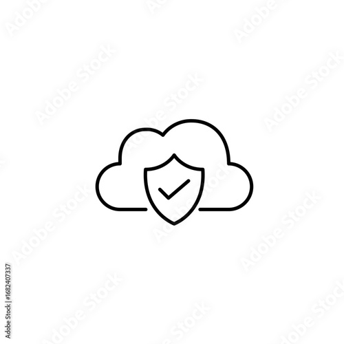 Certified cloud standards, safe data access, authenticated cloud account, compliant cloud solutions, reliable digital protection. Shield, checkmark. Pixel perfect, editable stroke vector icon