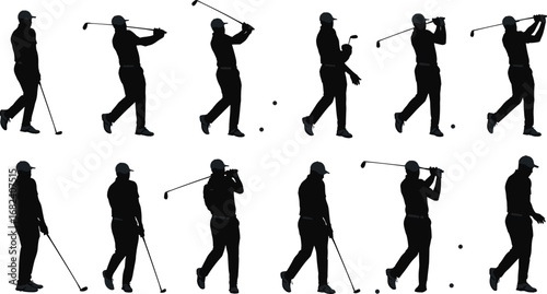 Golfer silhouette, man playing golf, golf swing, sports activity, athlete, competition, recreation, training, professional player, tournament, club, ball, exercise
