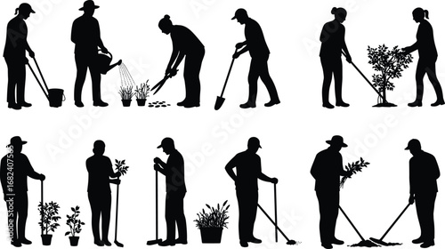 Gardening silhouette vector, people planting trees, watering plants, trimming flowers, digging soil, farm workers, outdoor gardening tools, agriculture, garden maintenance illustration