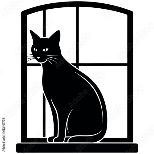 Black cat sitting in a window, gazing out