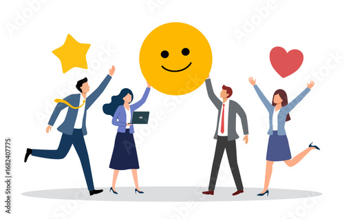 Employee satisfaction, workplace happiness or success team motivation, employee engagement or participation, feedback or company survey rating concept, business people employee with smile happy face.