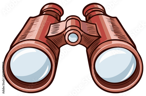 Detailed red brown cartoon binoculars illustration for exploration adventure and distant viewing