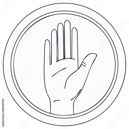 Outline of an open hand with fingers spread within a circular frame, symbolizing stop or help