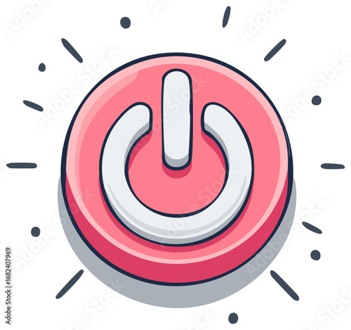 Glowing pink power button symbol with radiating lines and dots for activation and energy