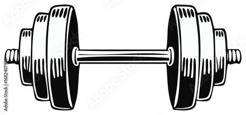 Vector illustration of a black and white barbell with weight plates