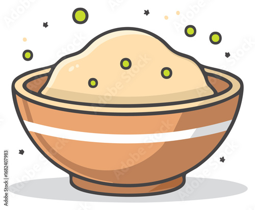 Cartoon icon of a ceramic bowl filled with fresh dough or batter for baking