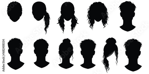 Hairstyle silhouette vector, men and women hair styles, curly hair, bun, ponytail, fashion haircut design, beauty salon illustration