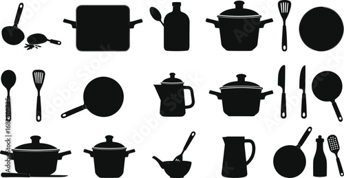 Kitchen utensils silhouette, cooking tools, cookware, pot, pan, spoon, knife, whisk, ladle, kettle, pitcher, plates, vector illustration