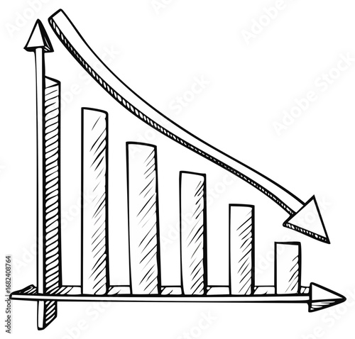 Hand drawn business bar chart graph illustrating a financial decline with downward arrow