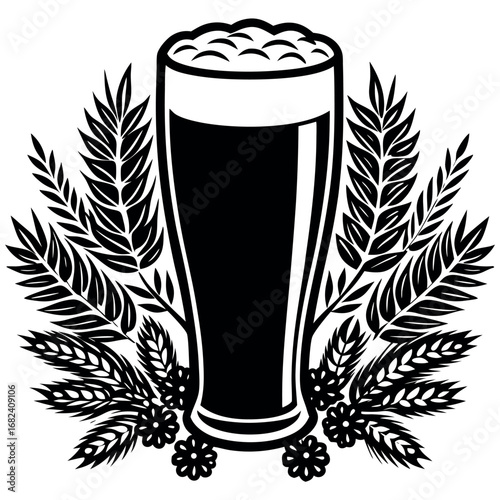 Illustration of a beer glass with wheat and hops