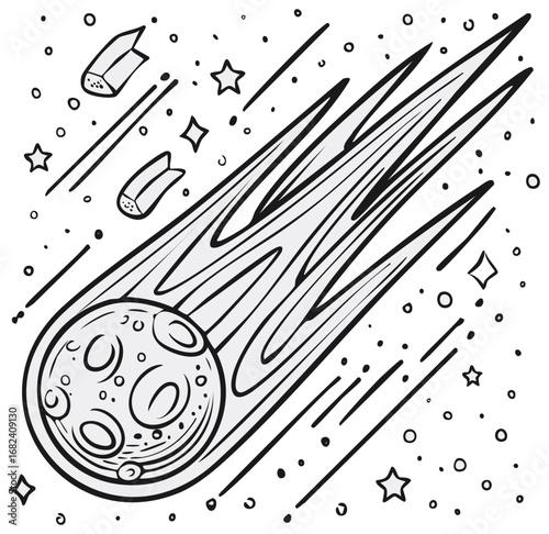 Drawn Meteor Shower With Stars and Asteroids