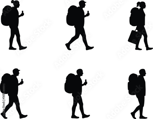 Walking people silhouettes, pedestrians with backpacks, casual walking poses, urban lifestyle, traveler figures, black vector art, human movement illustration, street walking design, outdoor activity 