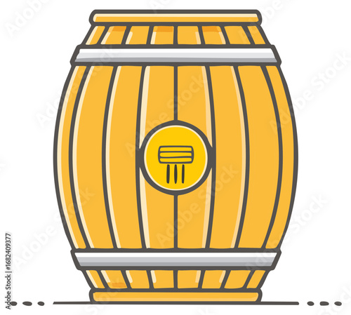 Yellow wooden barrel with grey metal bands and a circular emblem with stylized lines