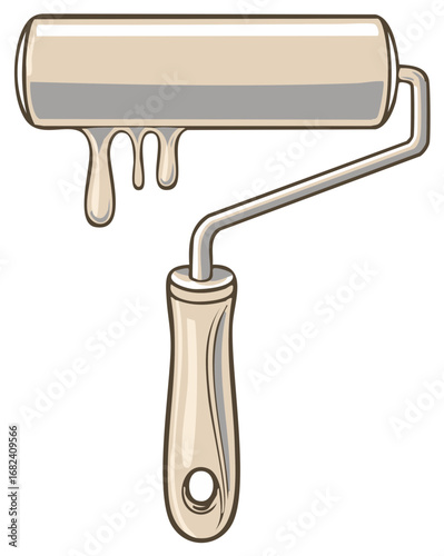 A clean paint roller with cream colored paint dripping from the roller