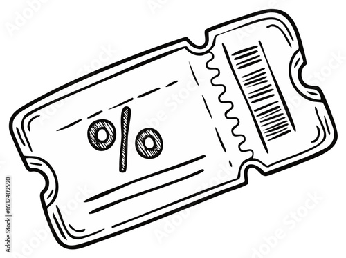 Hand Drawn Percentage Off Coupon Ticket with Barcode Design Concept for Marketing Promotions and Sales