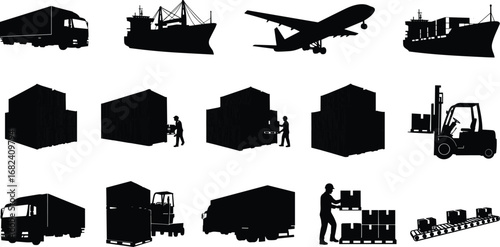 Logistics silhouette, cargo truck, shipping container, cargo ship, airplane delivery, forklift loading, warehouse storage, supply chain, freight transport, goods distribution, export
