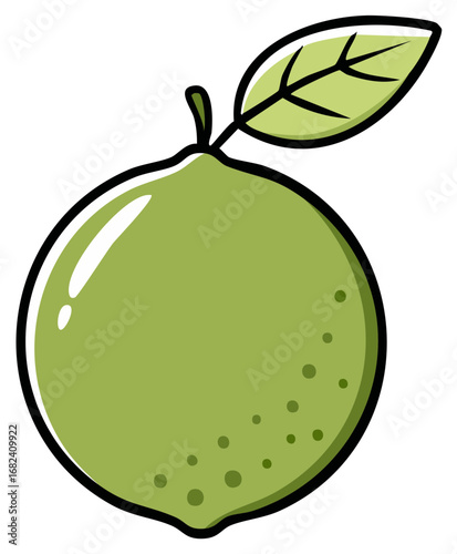 Vibrant green lime with stem and leaf stylized illustration with a cheerful cartoonish feel