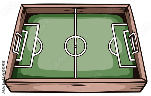 Hand drawn illustration of a foosball table viewed from above with a wooden border