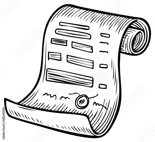 Engraved Old Parchment Scroll with Wax Seal Representing Historical Law or Contract